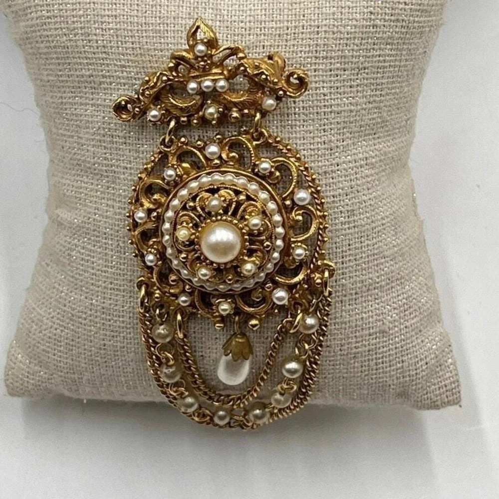 Florenza Vintage Renaissance Revival Faux Pearl‎ Festoon Victorian Dangle Brooch